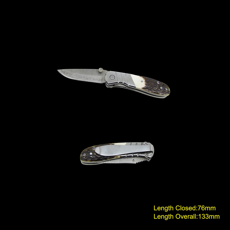 Folding Knife with Damascus Blade & Deer Horn Handle (#3718)