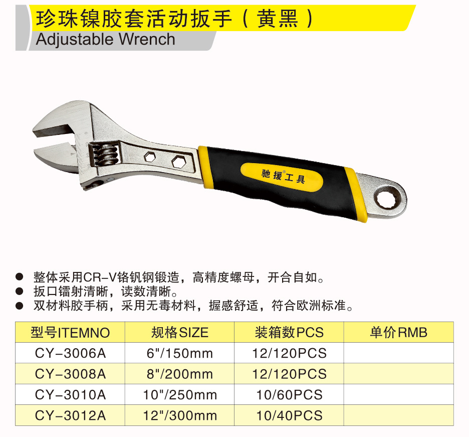 Cy-3012A Double Color Handle Adjustable Wrench Hand Tools