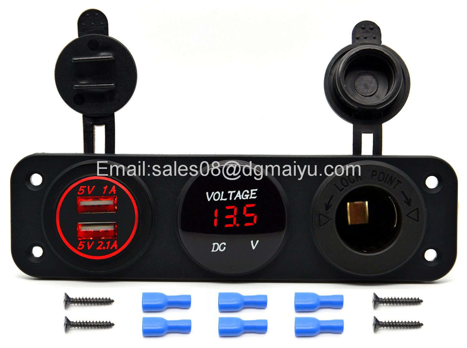 Triple Function Dual USB Charger + LED Voltmeter + 12V Outlet Power Socket Panel Jack for Car Boat Marine Digital Devices Mobile Phone Tablet (Blue LED)