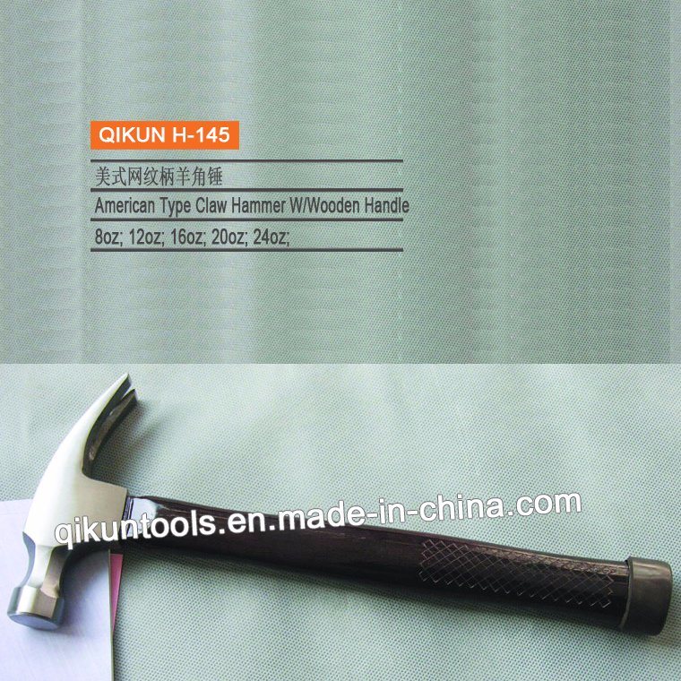 H-145 Construction Hardware Hand Tools American Type Straight Claw Hammer with Laser Printed Wooden Handle
