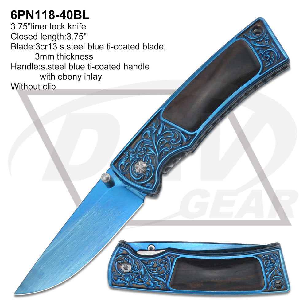 Blue Ti-Coated Blade Ebony Handle Folding Pocket Knife