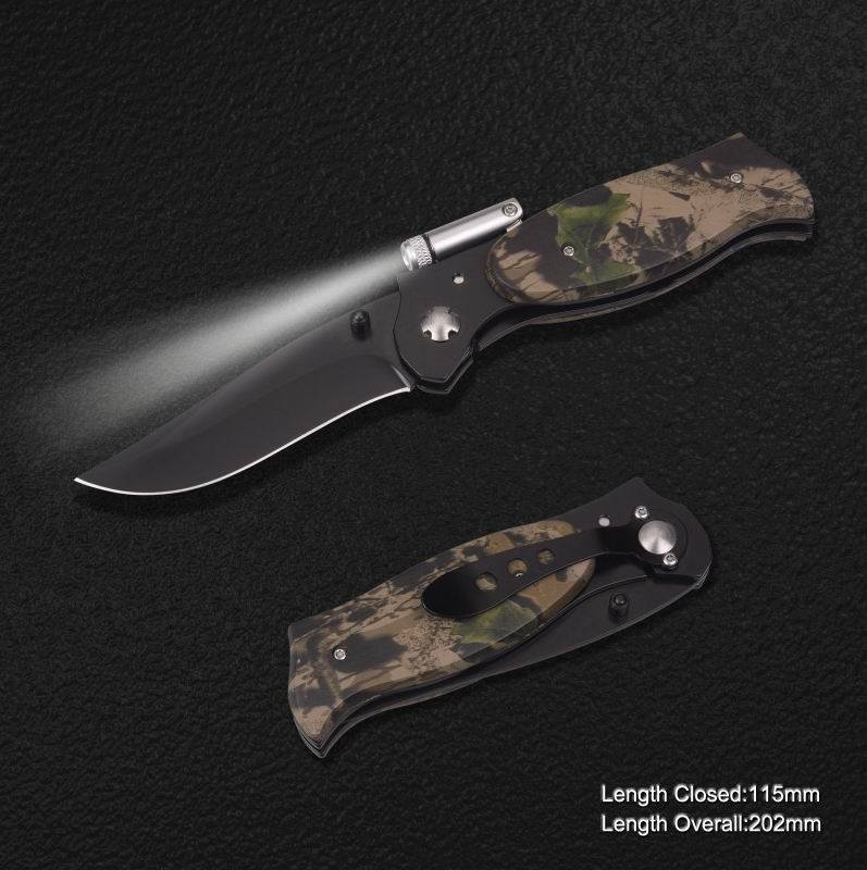 Folding Knife with LED Torch and Camo Handle (#3875)