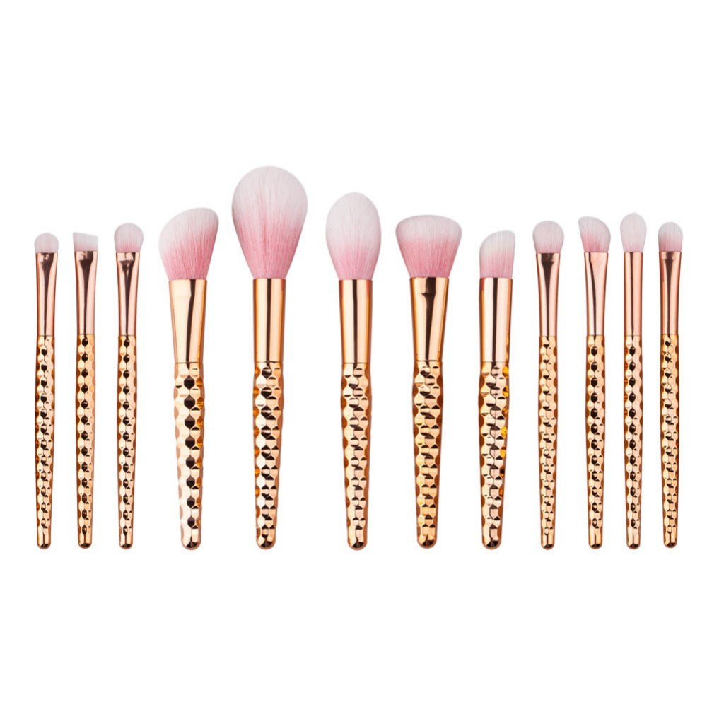 Cosmetics 12PCS Brush Set with Gold Handle & Pink Hair