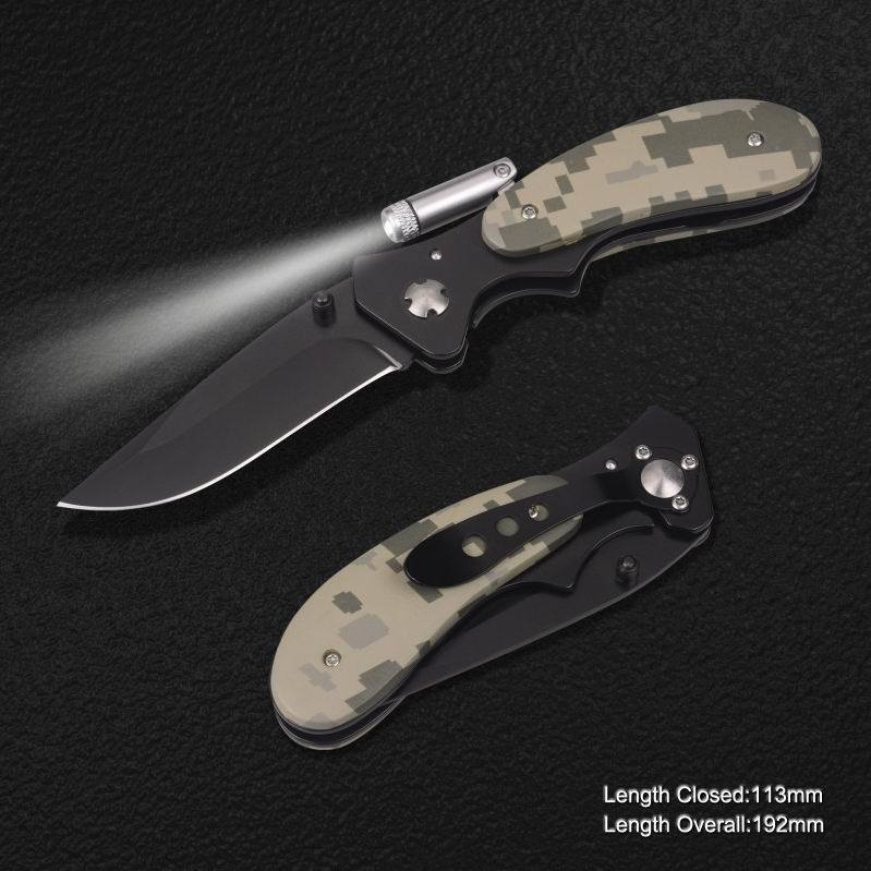 Folding Knife with LED Torch and Camo Handle (#3873)