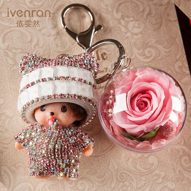 Promotional Preserved Flower Monchhichi Keychain for Gift