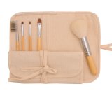 5PCS Travel Cosmetic Brushes Set with Bamboo Handle Natural Hair in Linen Bag