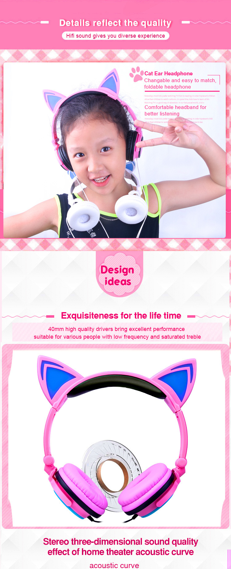 China Manufacturer Promotional Item Wired Stereo LED Light Cat Ear Headphones