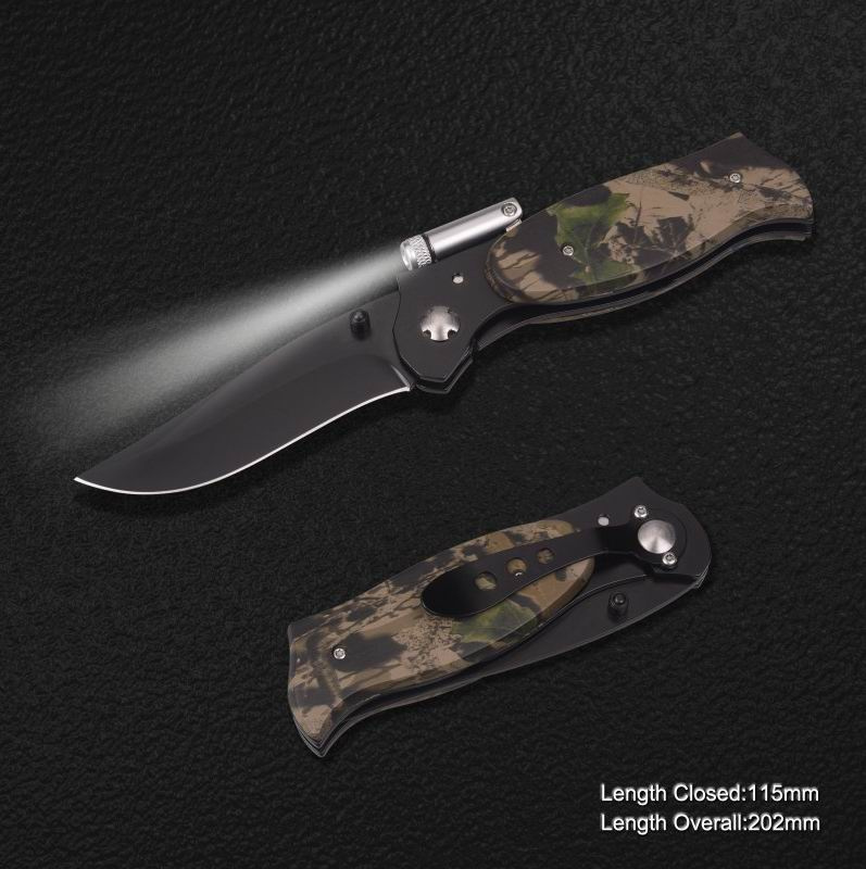 Folding Knife with LED Torch and Camo Handle (#3875)