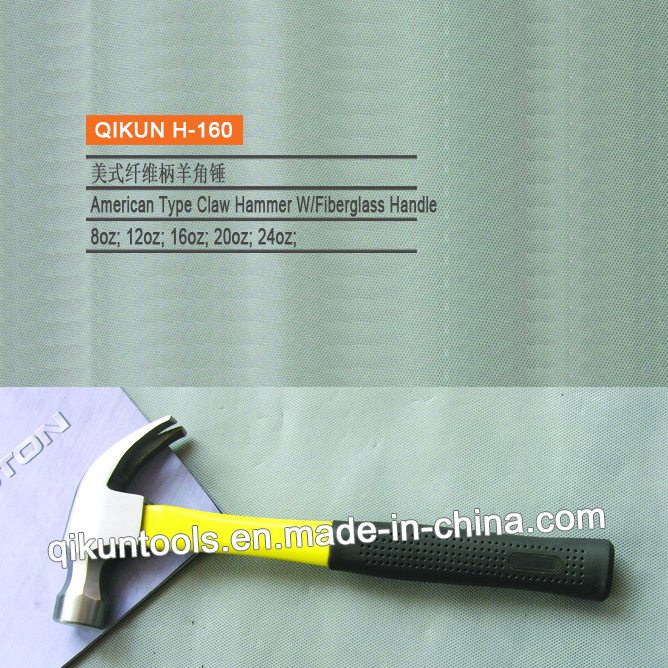 H-160 Construction Hardware Hand Tools American Type Claw Hammer with Yellow Fiberglass Handle