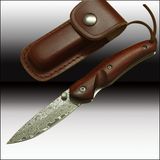 Quality Damascus Folding Pocket Knife Red Sanders Wood Handle with Leather Sheath