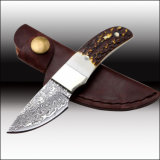 Damascus Hunting Knife Fake Deer Handle with Leather Sheath