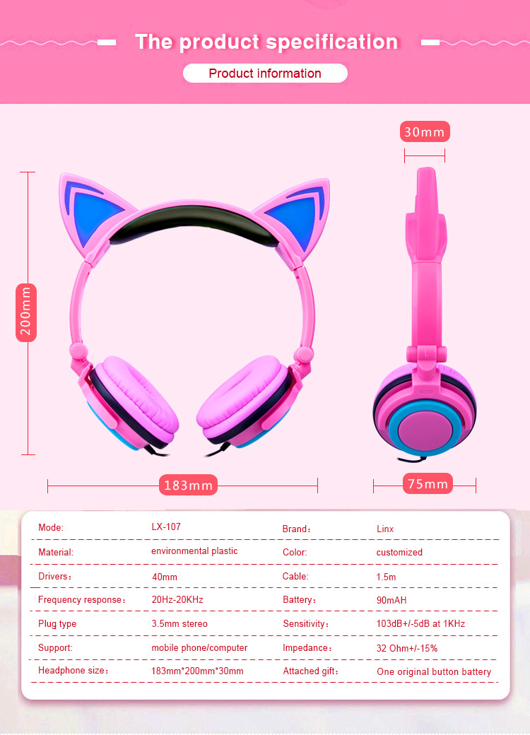 China Manufacturer Promotional Item Wired Stereo LED Light Cat Ear Headphones